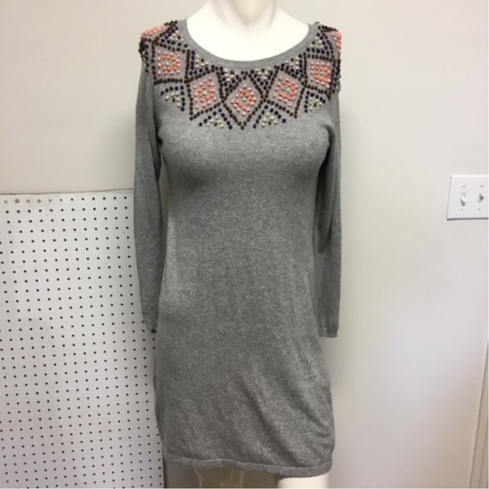 Gray Boden knit sweater dress embellished neck